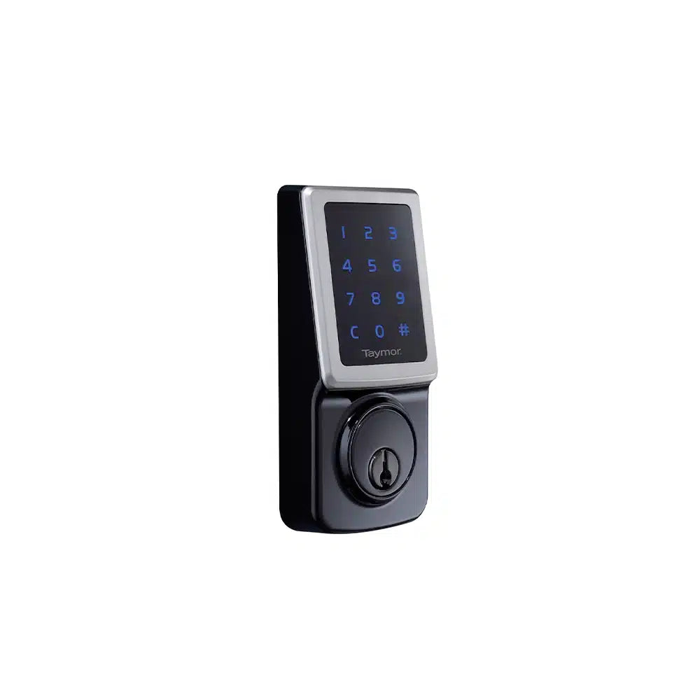 The Taymor Industries smart door lock in black and silver features an illuminated touchscreen keypad with numbers and symbols for convenient keyless entry.