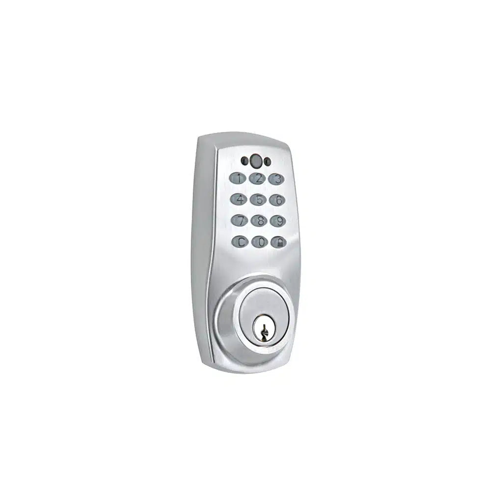 A Taymor Industries silver electronic door lock with a motorized deadbolt, numeric keypad, and traditional keyhole at the bottom is shown against a plain white background.