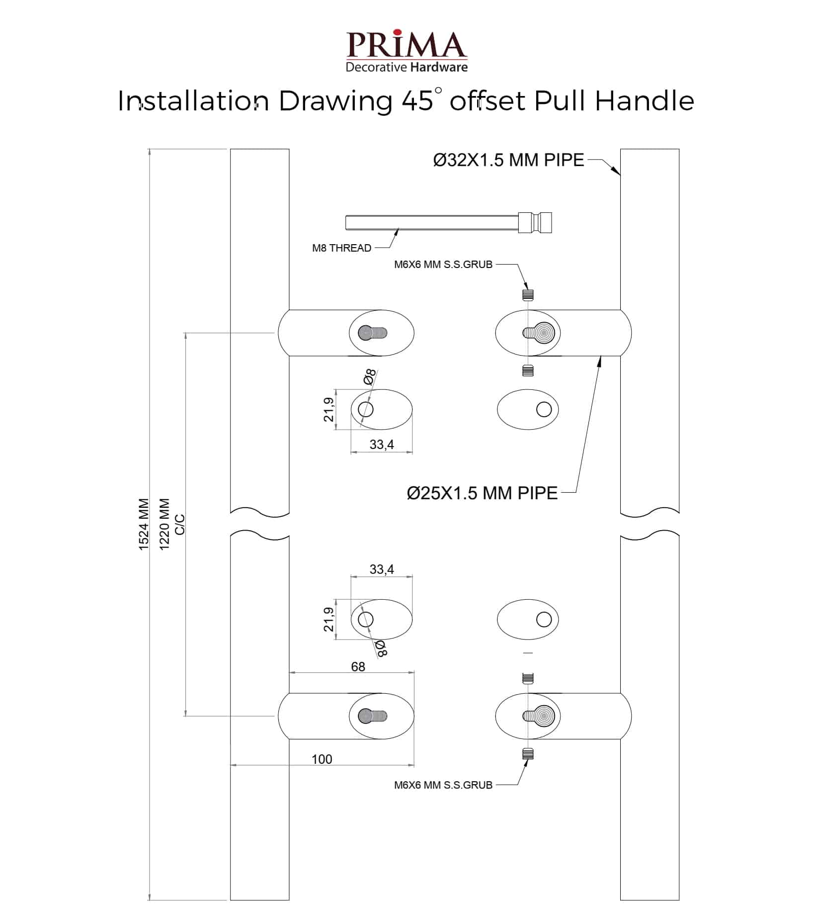 Door Pull Handle Round Offset 'H' Type - 36"  Black