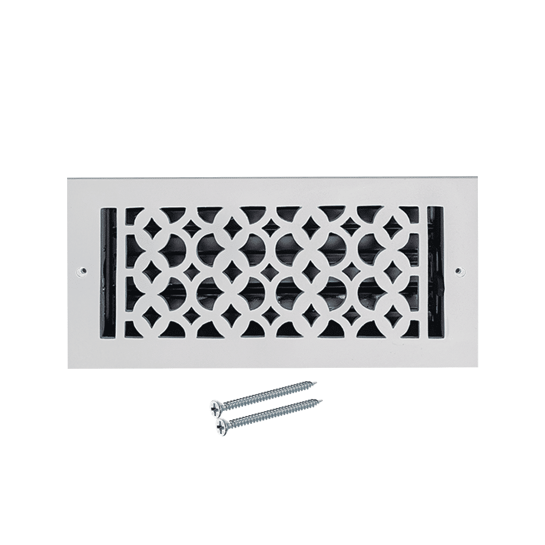 Prima Decorative Hardware’s white cast aluminum vent cover features a Tudor Mushroom geometric design, black vent fins in the background, and comes with two installation screws—perfect for durable floor registers.