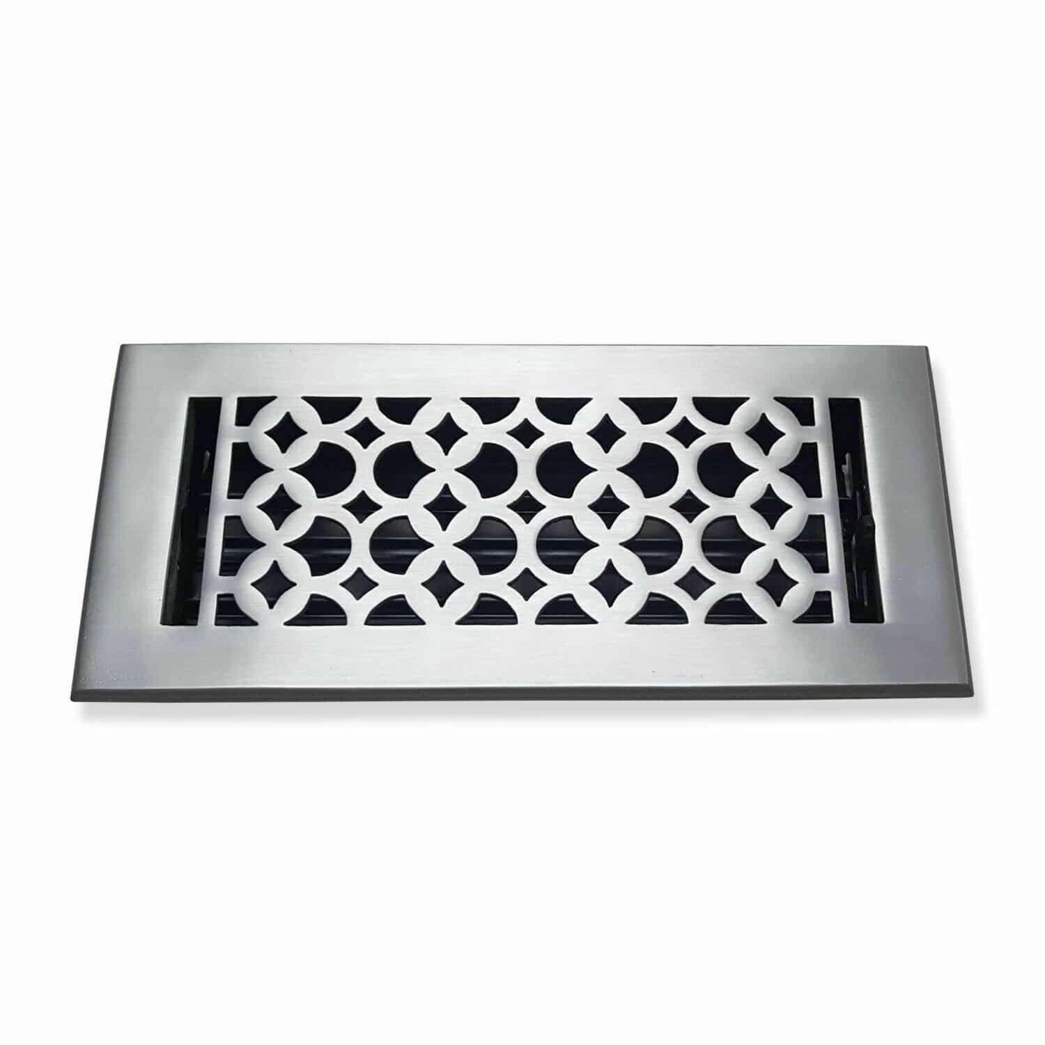 This Prima Decorative Hardware floor vent cover features a durable rectangular design with a decorative Tudor Mushroom geometric pattern and brushed silver finish, shown against a plain white background.