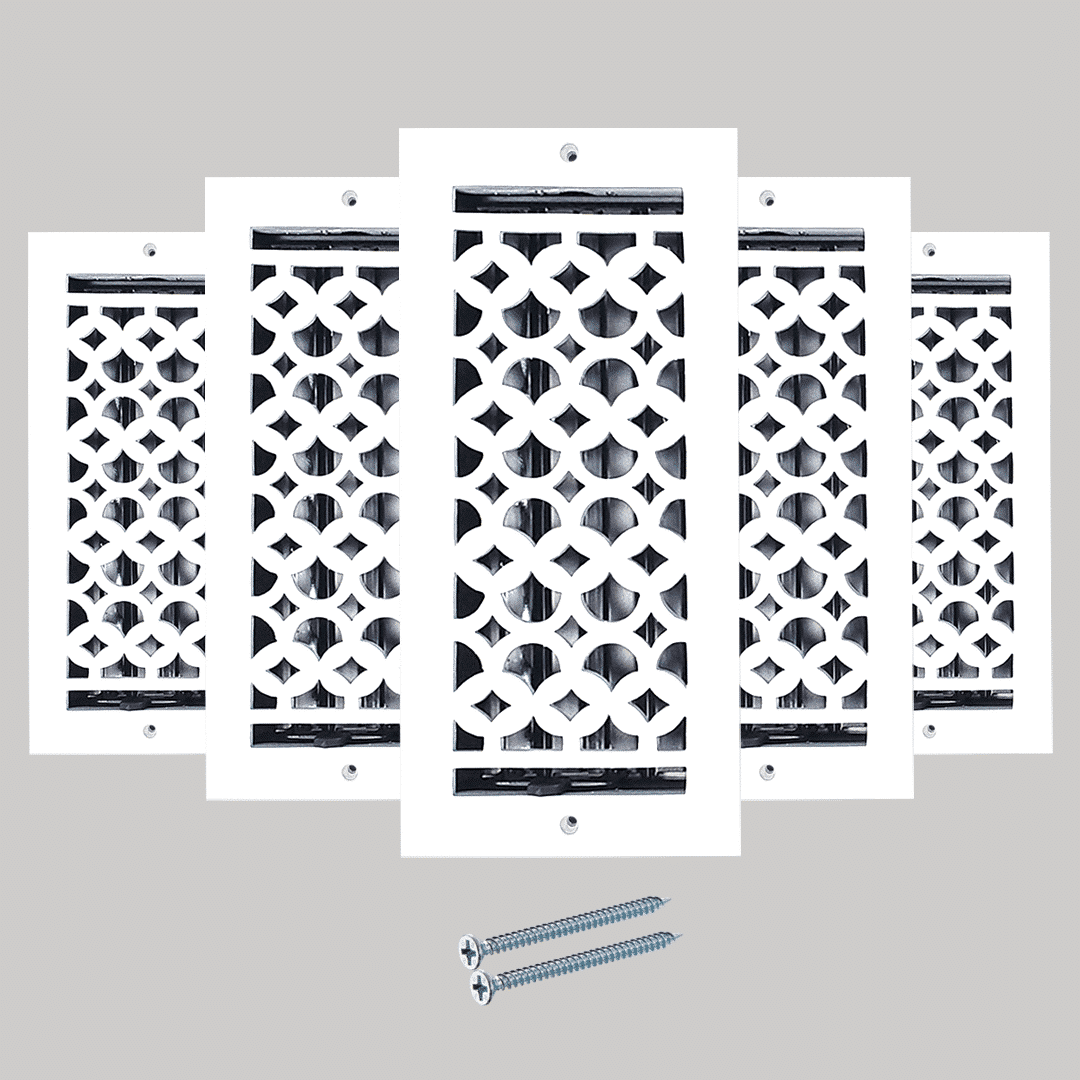Five Prima Decorative Hardware cast aluminum vent covers with a geometric Tudor Mushroom design are arranged overlapping, with four screws below them, all set against a plain gray background.