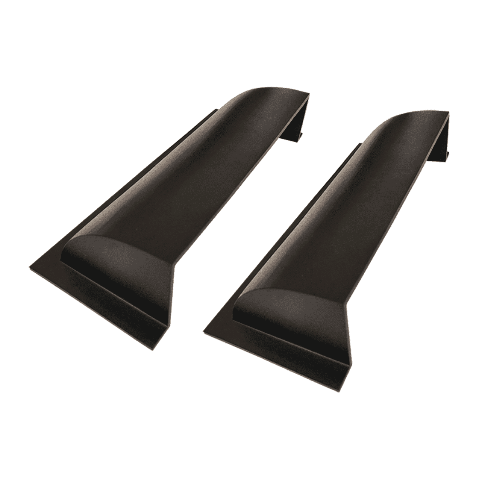 Two black, rectangular plastic covers with rounded tops and open ends from Prima Decorative Hardware are side by side on a white background. They resemble floor vent air deflectors for directional airflow in HVAC or automotive systems.