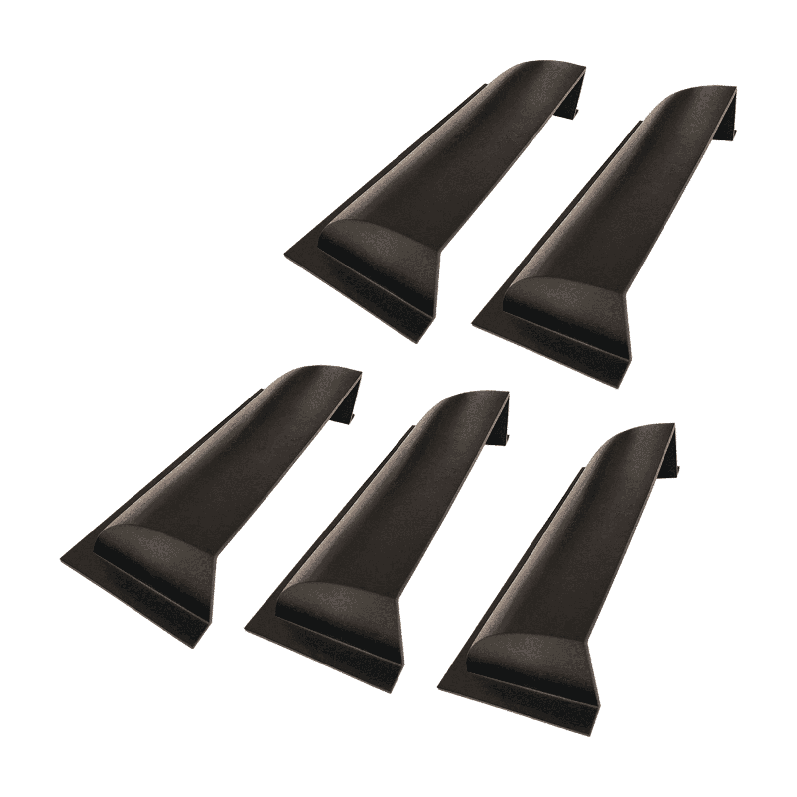 Five black plastic Prima Decorative Hardware automotive side window louvers are displayed on a white background in two rows. These louvers offer directional air control like a floor vent deflector for optimal vehicle airflow and comfort.