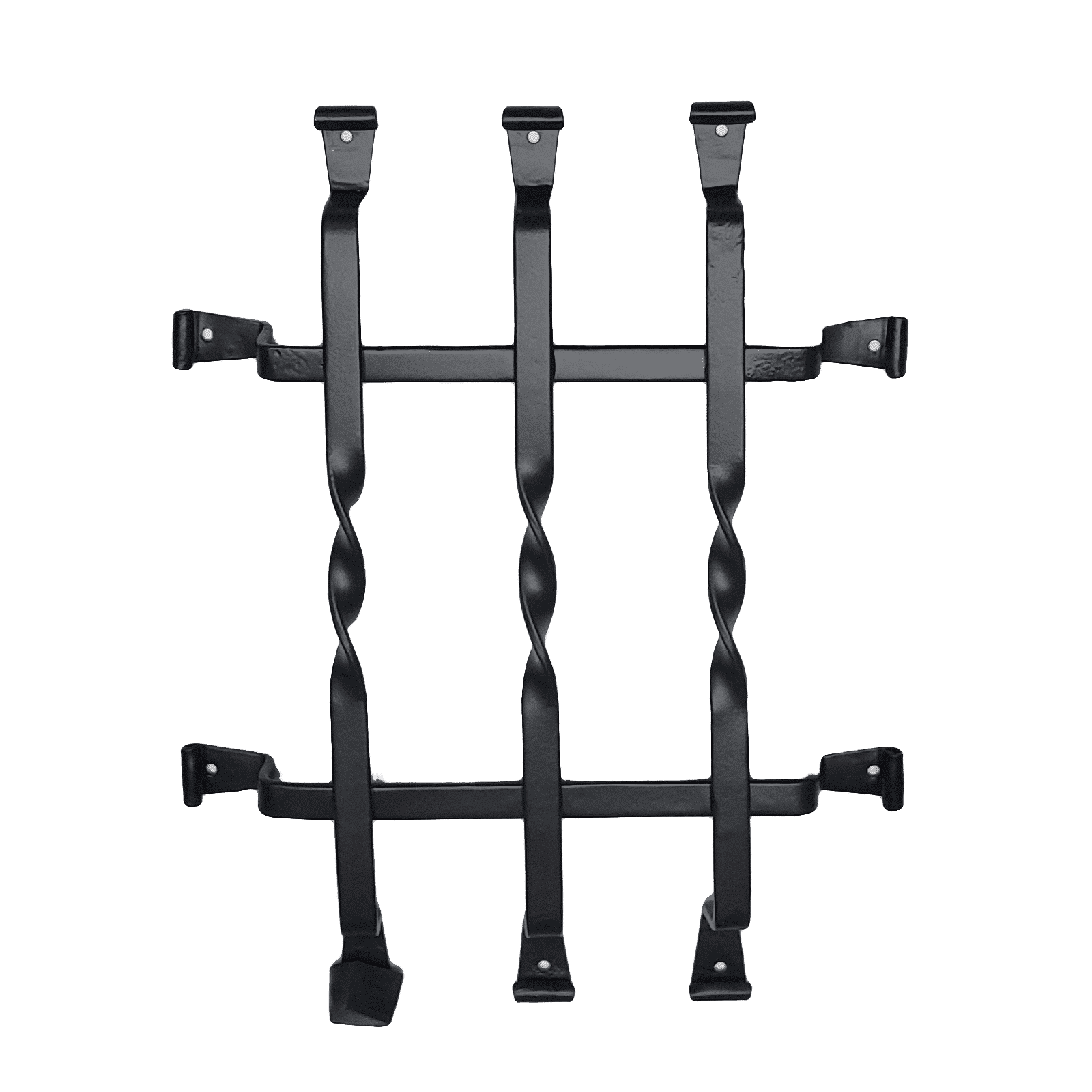 Prima Decorative Hardware black powder coated iron window security grille features a flat bar twist design with three vertical twisted bars, two horizontal bars, and end-mounted brackets, shown against a white background.