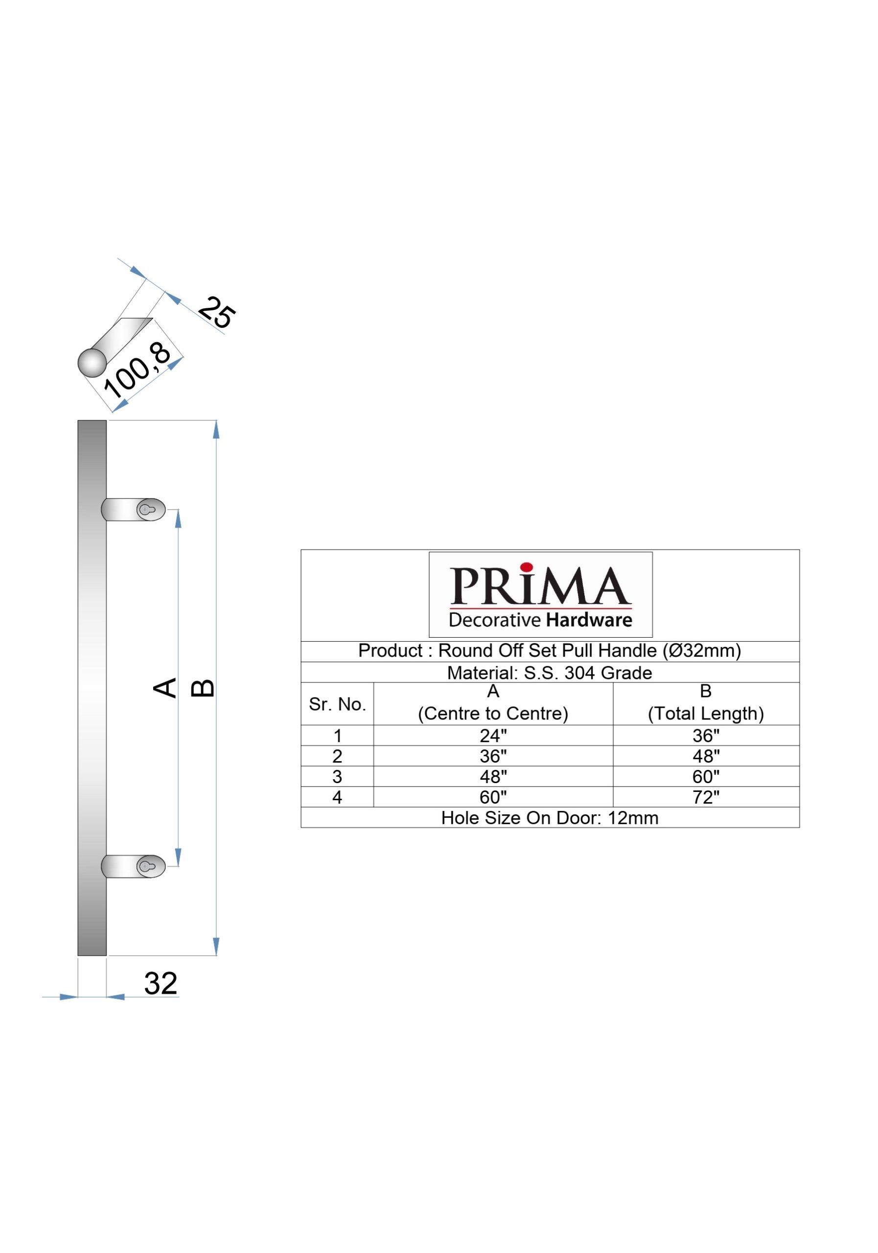 Door Pull Handle Round Offset ‘H’ Type - 72"  Black