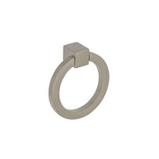 The Prima Decorative Hardware metallic cabinet handle features a square mount and round ring pull, ideal as a solid brass cabinet handle or pull, displayed against a plain white background.