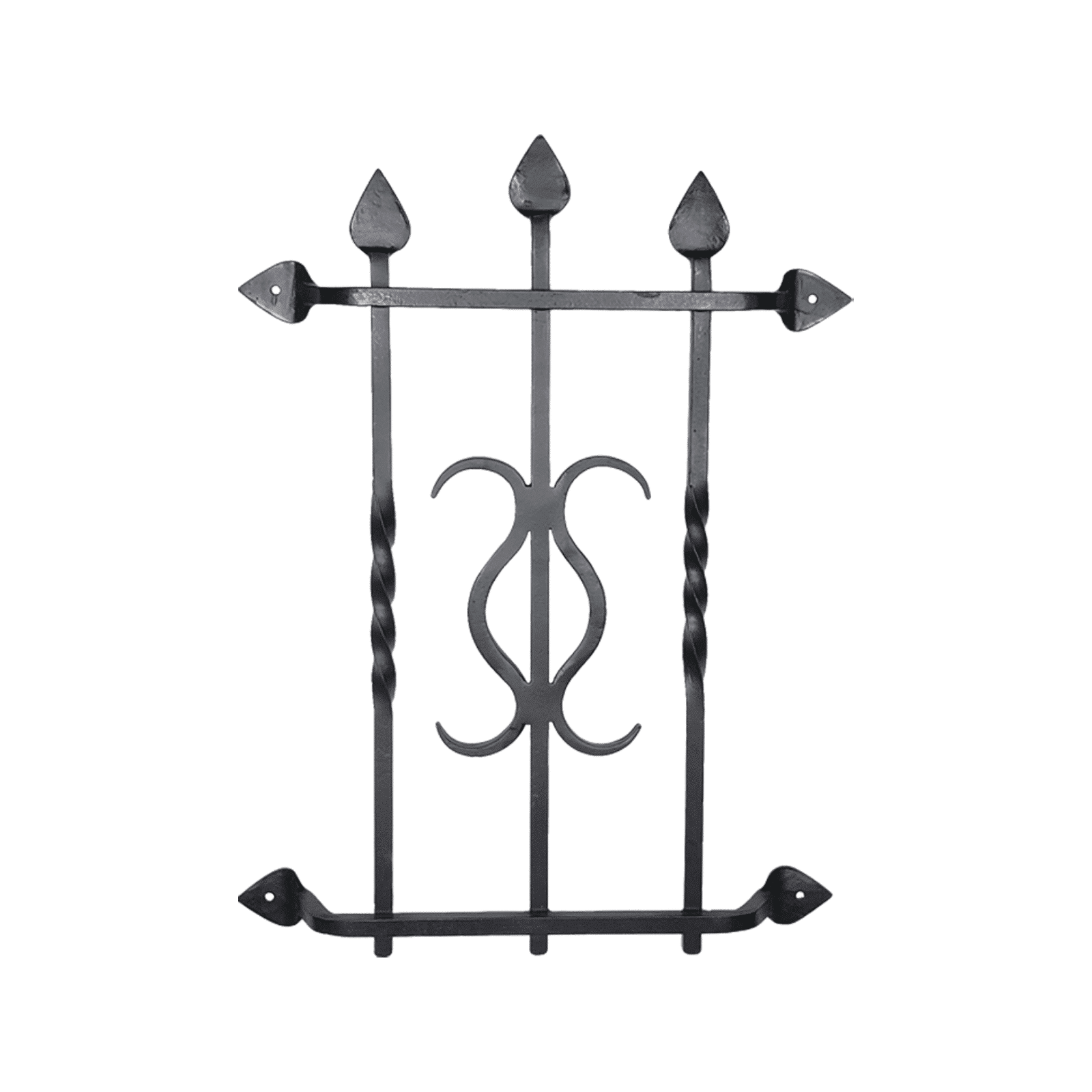 Prima Decorative Hardware black powder-coated hand-forged iron window grille features twisted vertical bars, a double-curved center design, and pointed arrowhead finials on the top and corners.