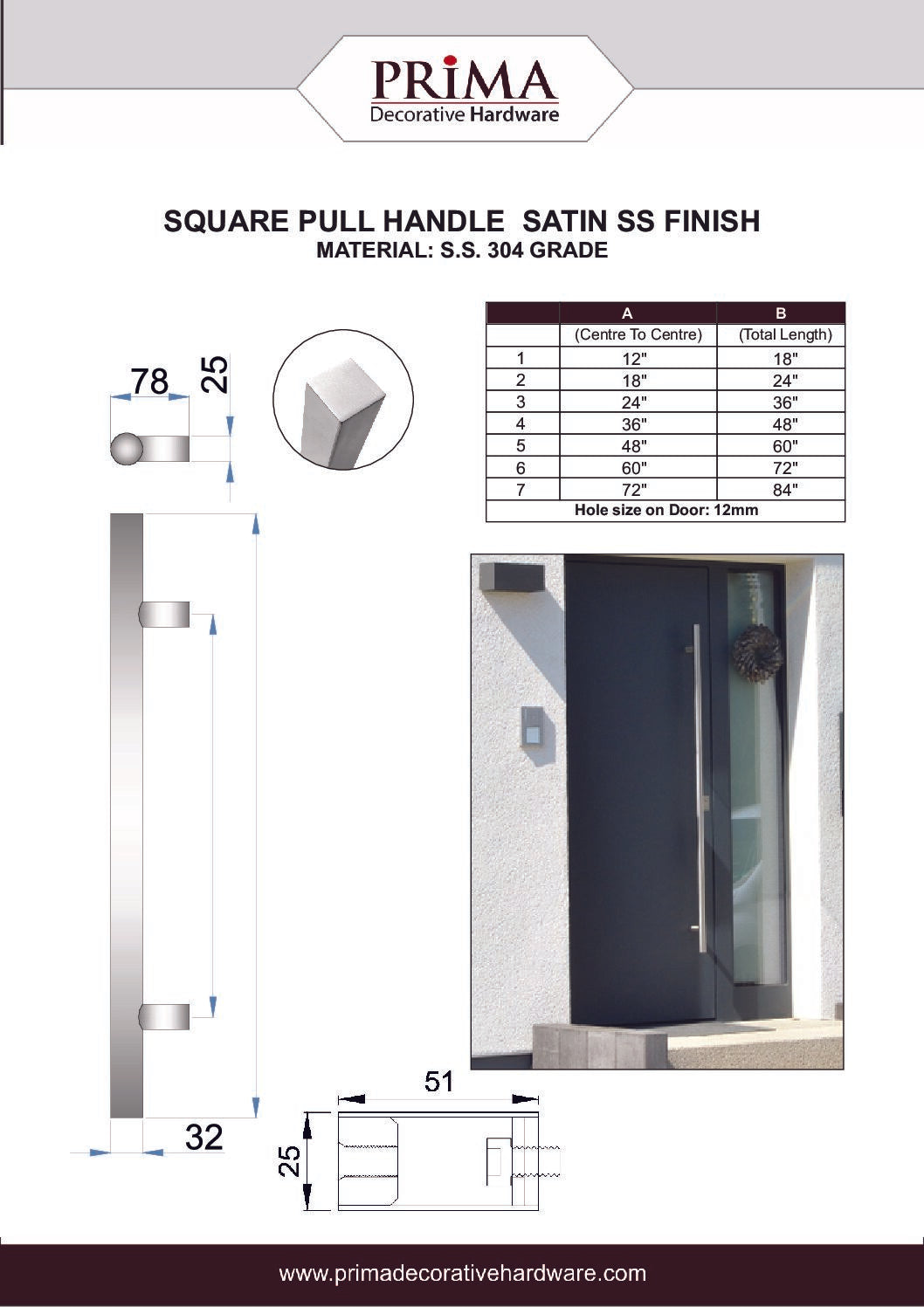 60" Back-to-Back Entry Door Pull / Push Handle - Square ‘H’ Type, Ladder Style Modern Design | Premium 304 Stainless Steel | Satin Brushed Finish