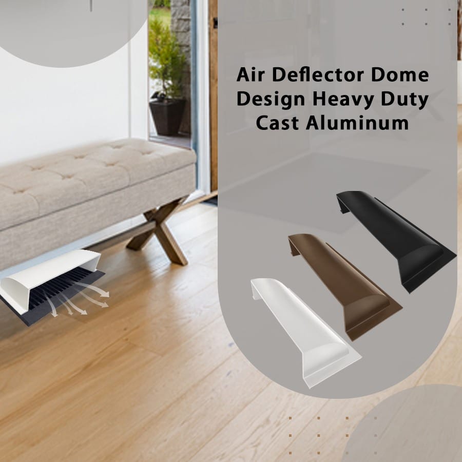 A living room with a bench by a door and floor air vent displays three Prima Decorative Hardware dome-shaped cast aluminum vent diverters (black, brown, white). Text: Air Deflector Dome Design – Heavy Duty Cast Aluminum for directional air control.