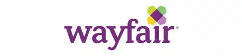Wayfair logo with the brand name in purple lowercase letters and a geometric, multicolored icon above the i.