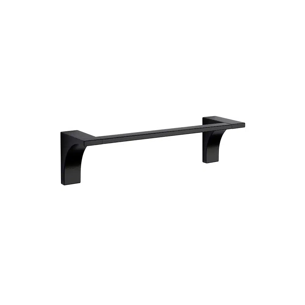 The Prima Decorative Hardware modern black wall-mounted towel bar features square brackets, a sleek minimalist design, durable zinc die-cast construction, and secure mounting plates, shown isolated on a white background.