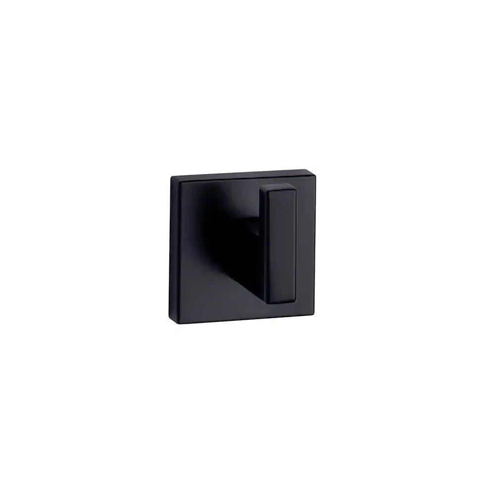 A black Prima Decorative Hardware wall hook with a modern, minimalist design, featuring a flat rectangular zinc die-cast base and protruding peg—perfect as a sleek robe hook for any space.