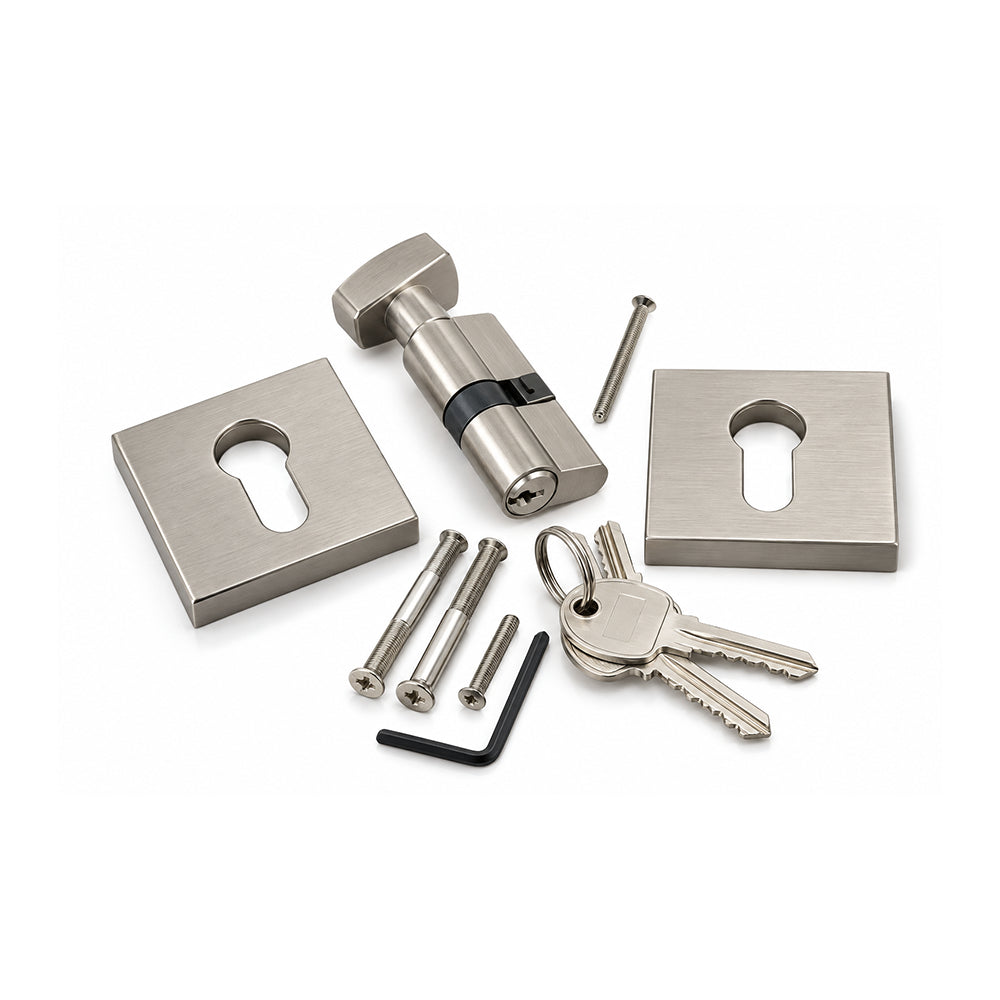 70 mm Euro Profile Brass Cylinder Door Lock Set with Thumb Turn, Square Rosettes & Keys