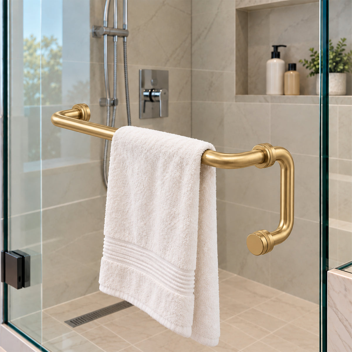 Poignée de porte de douche en verre et barre porte-serviettes, ronde, en acier inoxydable, 24 po