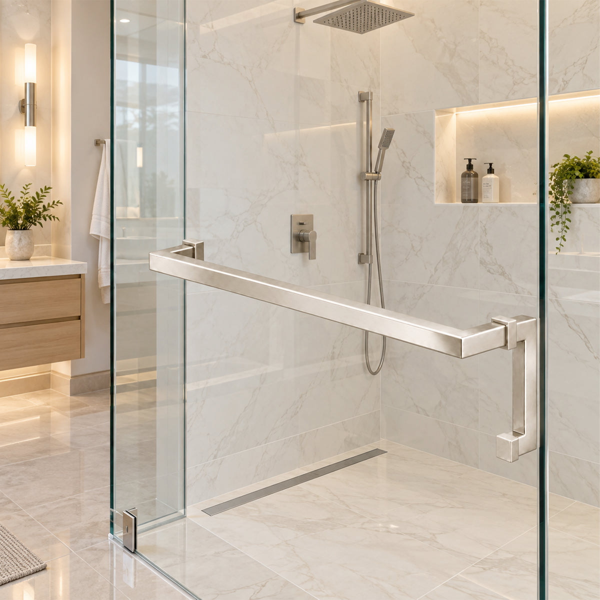 24″ Square Shower Door Handle & Towel Bar Combo | Back-to-Back Stainless Steel Glass Door Pull