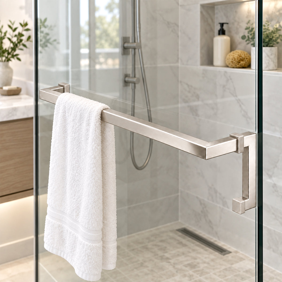24″ Square Shower Door Handle & Towel Bar Combo | Back-to-Back Stainless Steel Glass Door Pull