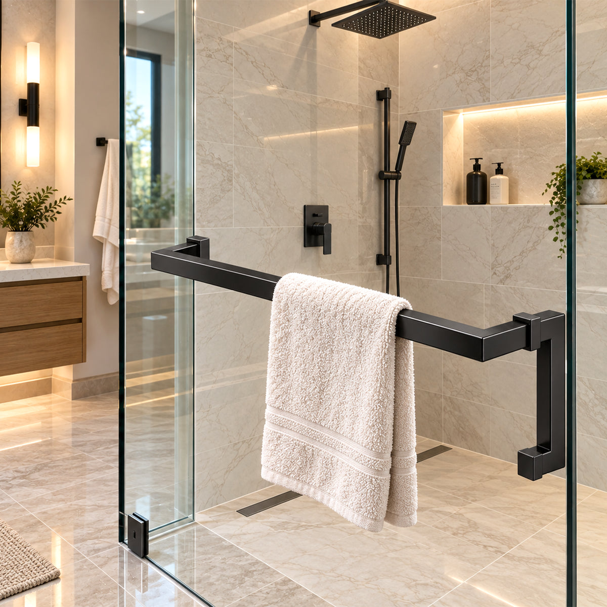 24″ Square Shower Door Handle & Towel Bar Combo | Back-to-Back Stainless Steel Glass Door Pull