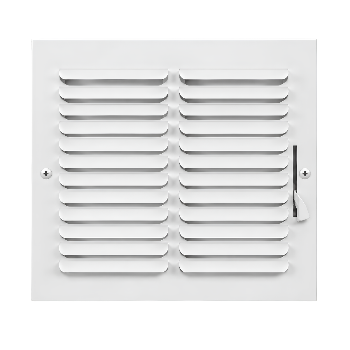 10x10 one-way air register grille in white steel with adjustable damper for sidewall and ceiling HVAC installation
