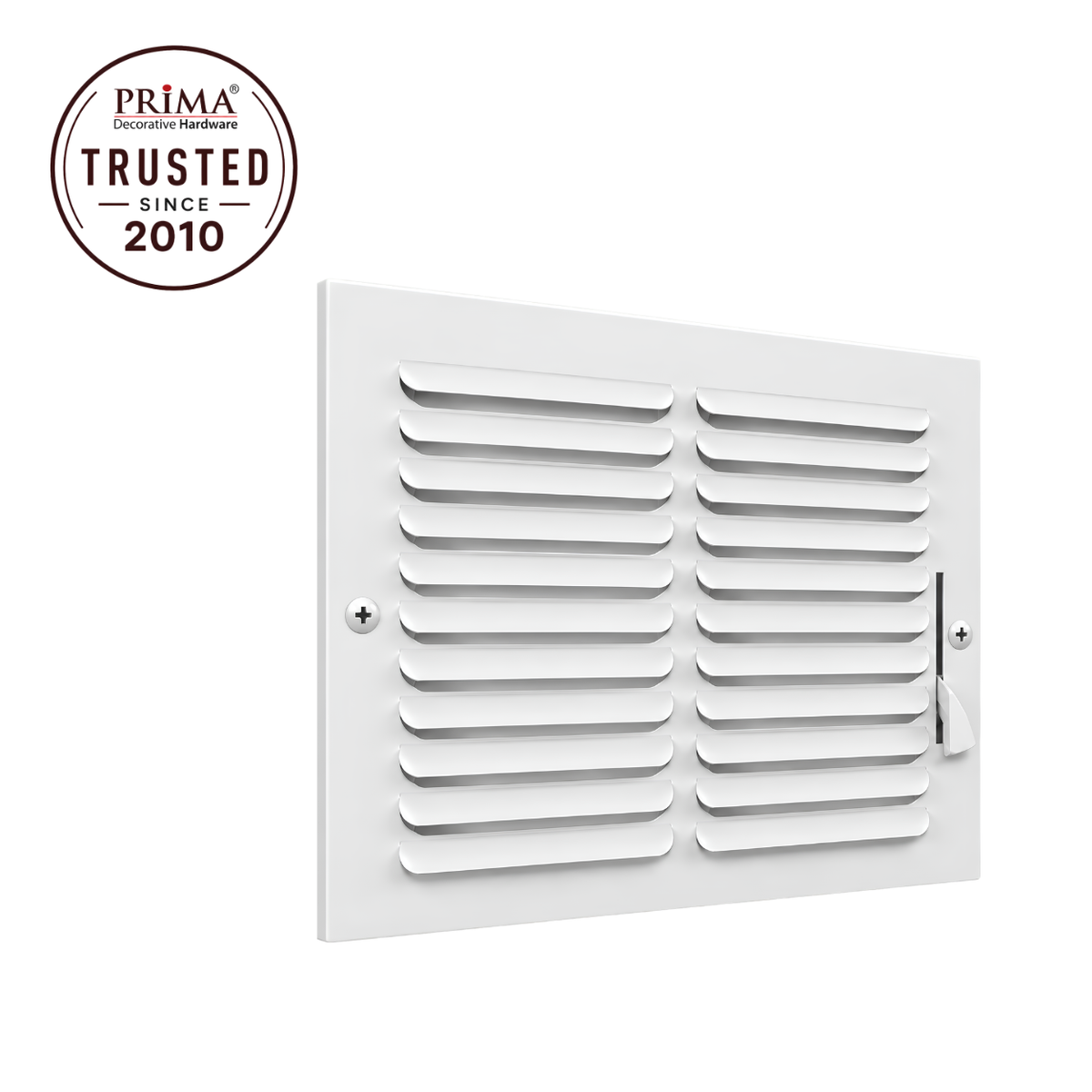 Angled view of 10x10 white steel one-way air register grille with adjustable damper and Trusted Since 2010 badge
