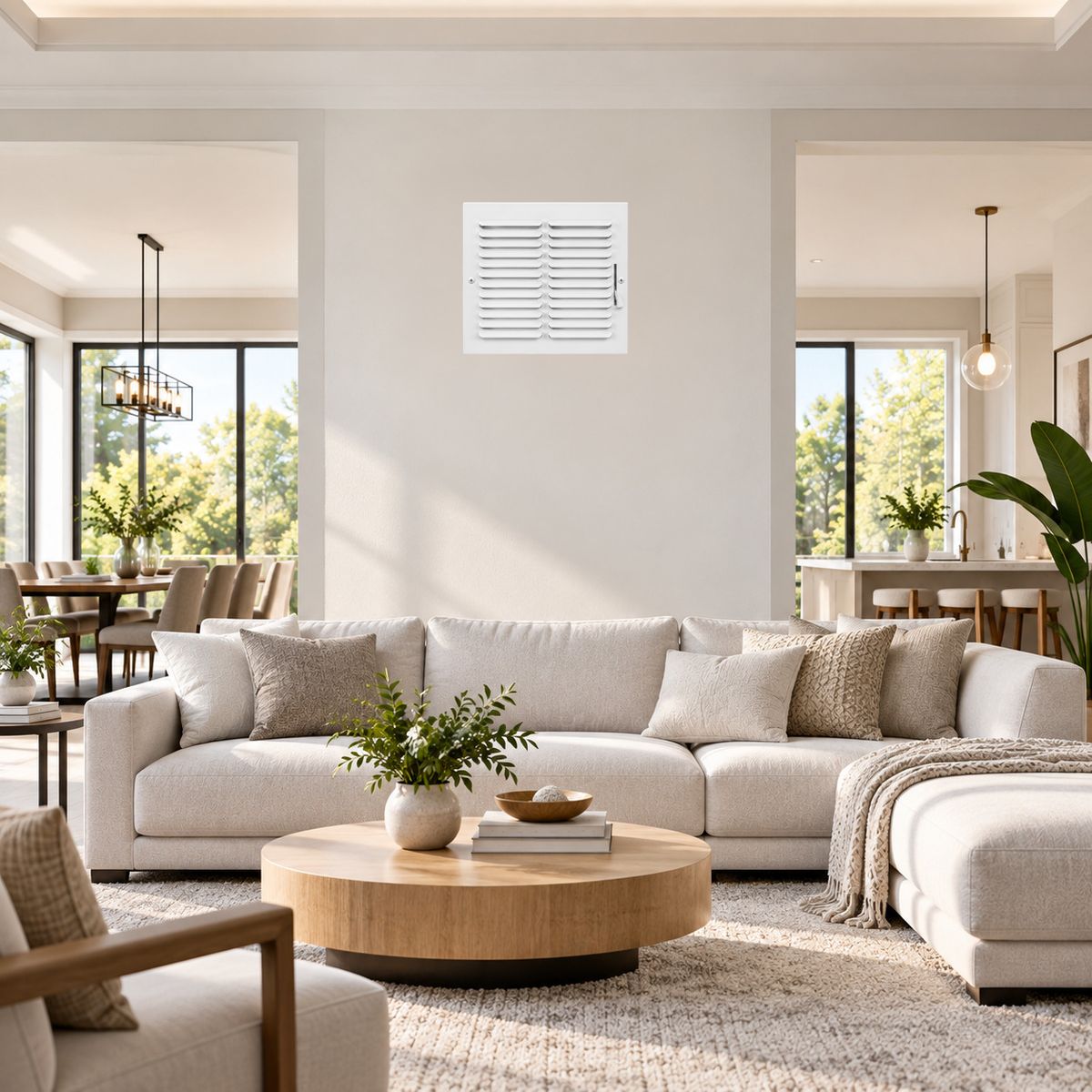 10x10 white steel one-way air register grille installed on a wall in a modern living room
