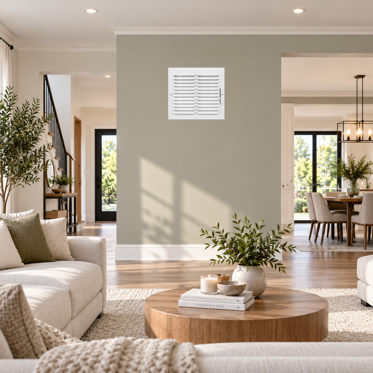 10x10 white steel one-way air register grille installed on an interior wall in a bright modern home
