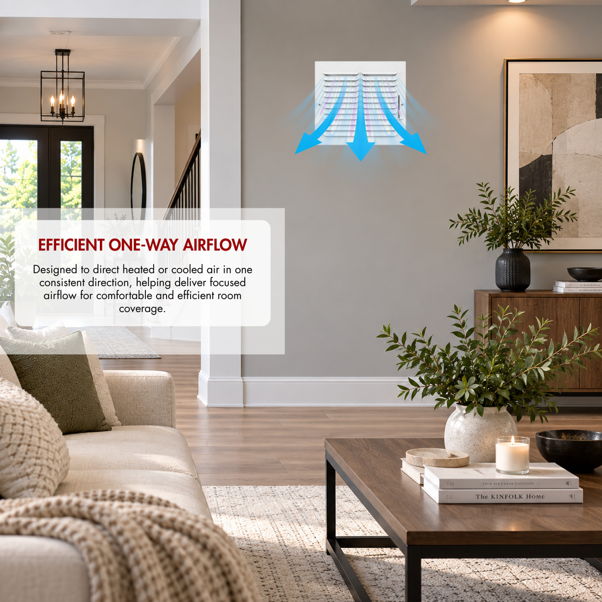 10x10 one-way air register grille installed on wall showing directional airflow in a modern living room
