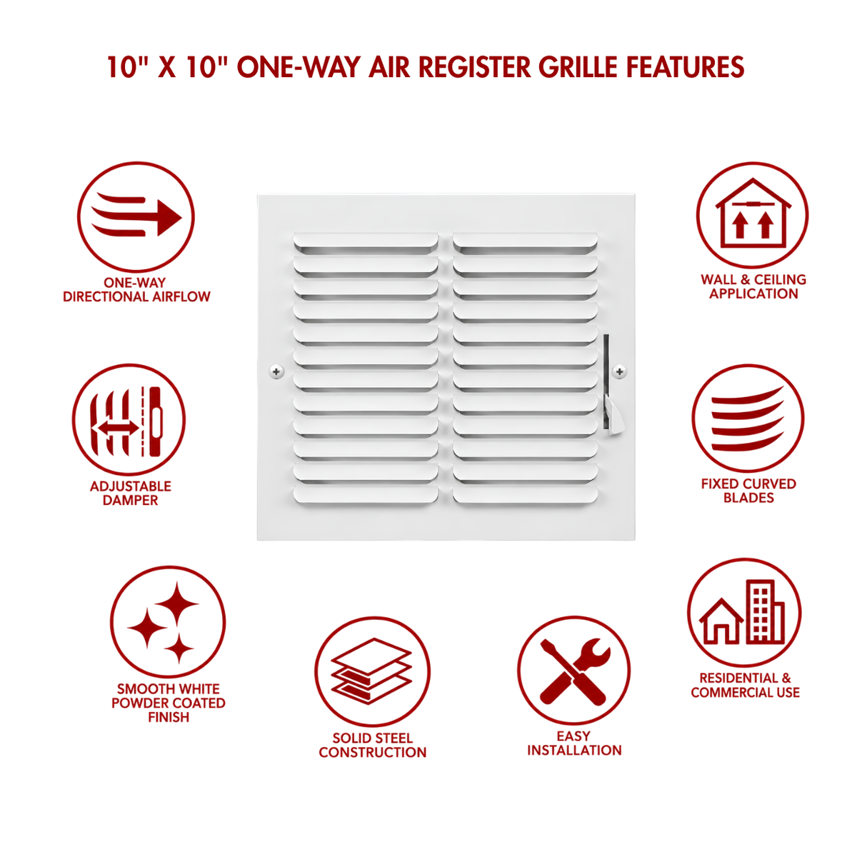 10x10 one-way air register grille feature icons for adjustable damper, curved blades and wall installation
