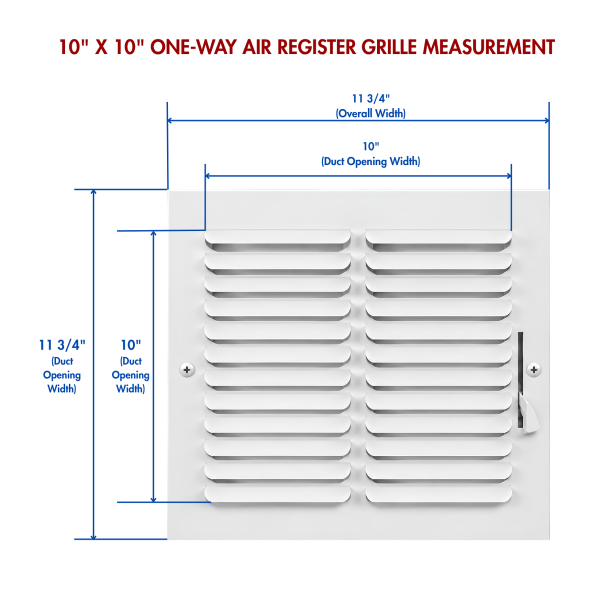 One-way air register grille measurement guide showing duct opening and overall faceplate dimensions

