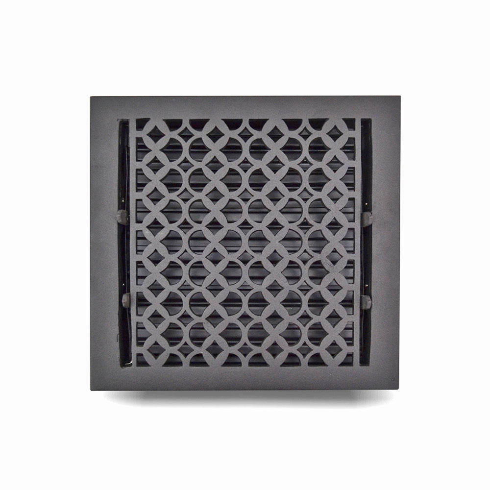 Floor Vent Cover / Register Size: 10” x 10” VR100 with Damper top faceplate outer size 12″ x 12″, thickness 5 mm, decorative handcrafted high-quality metal – cast aluminum powder coated Re-paintable for floors, walls, and ceilings