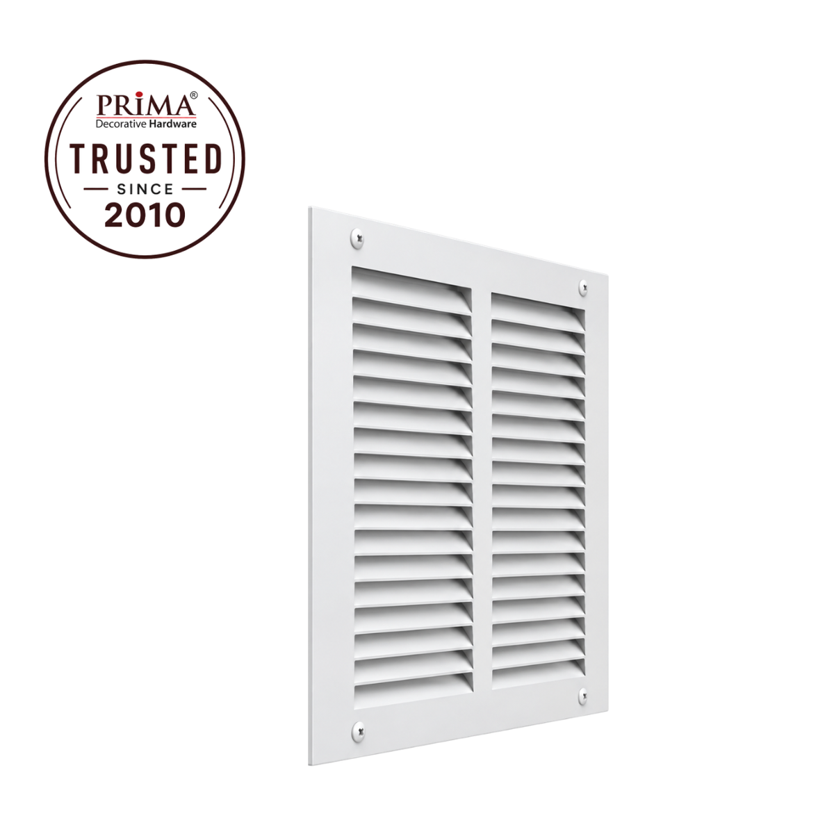 10" x 10" white steel air return grille with horizontal slats for sidewall and ceiling HVAC vent with trust badge.
