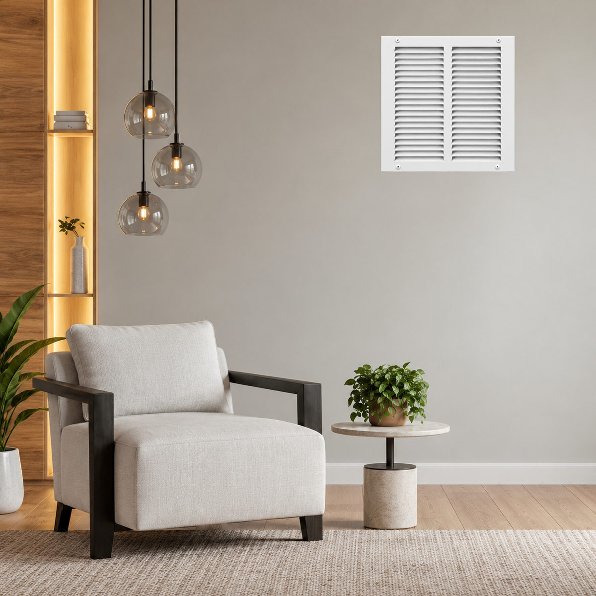 10" x 10" white steel air return grille with horizontal slats for sidewall and ceiling HVAC vent installed in a grey wall.
