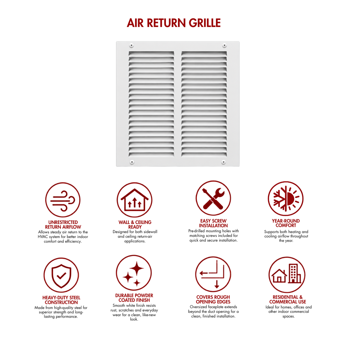 10" x 10" white steel air return grille for sidewall and ceiling HVAC vents with product benefits and feature icons.
