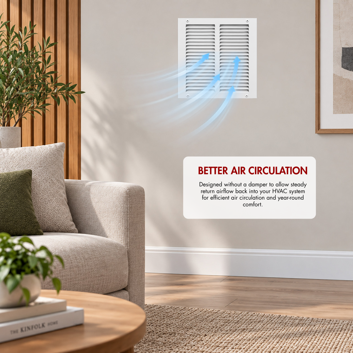 10" x 10" white steel air return grille installed on wall with airflow illustration for improved HVAC air circulation.
