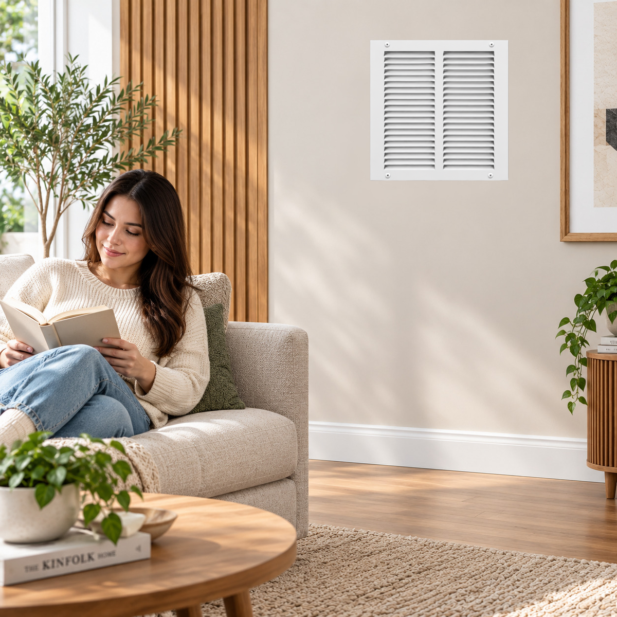 10" x 10" white steel HVAC air return grille installed on living room sidewall with woman relaxing on sofa.