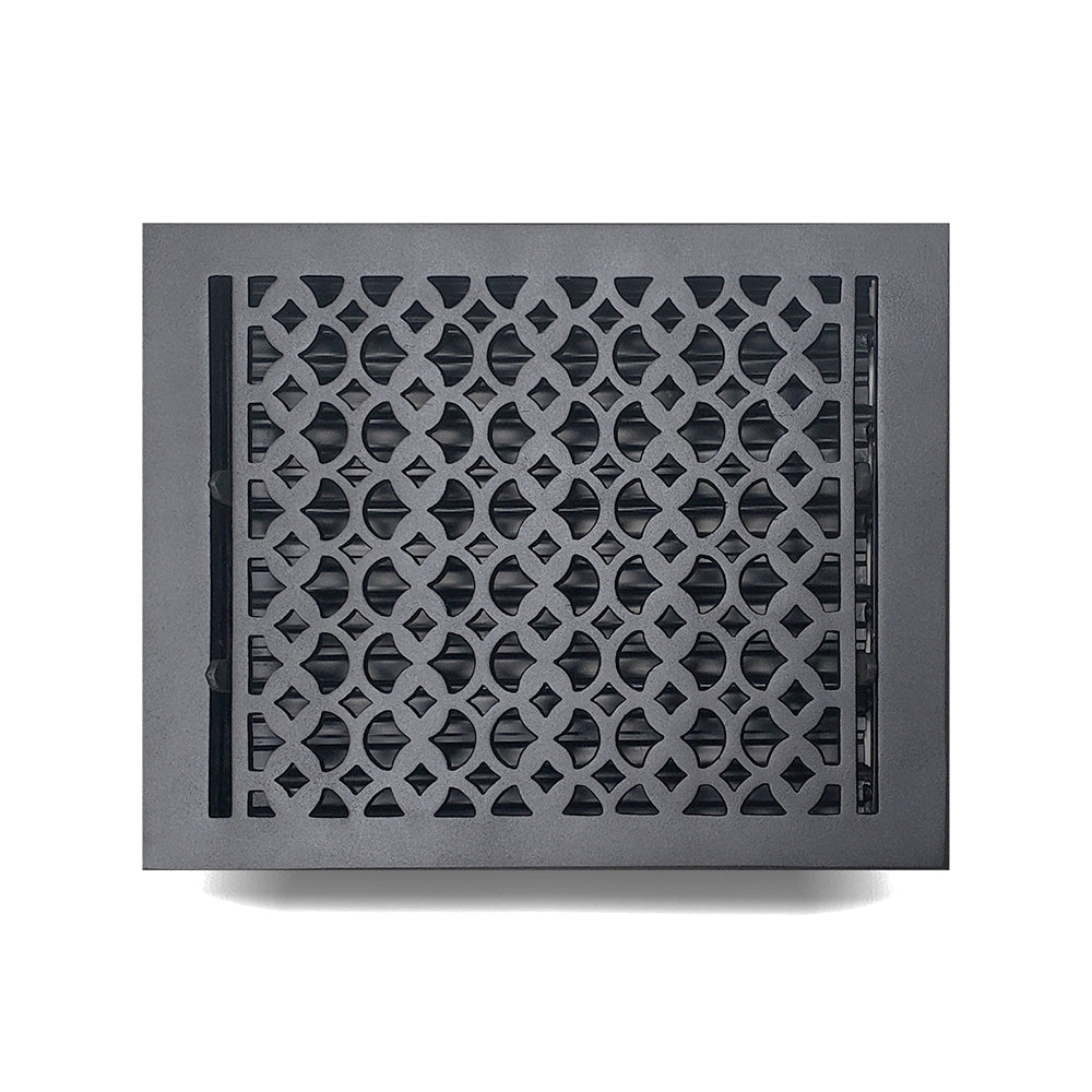 Floor Vent Cover / Register Size: 10” x12” VR100 with Damper top faceplate outer size 11-1/4″ x 13-3/4″, thickness 5 mm, decorative handcrafted high-quality metal – cast aluminum powder coated Re-paintable for floors, walls, and ceilings