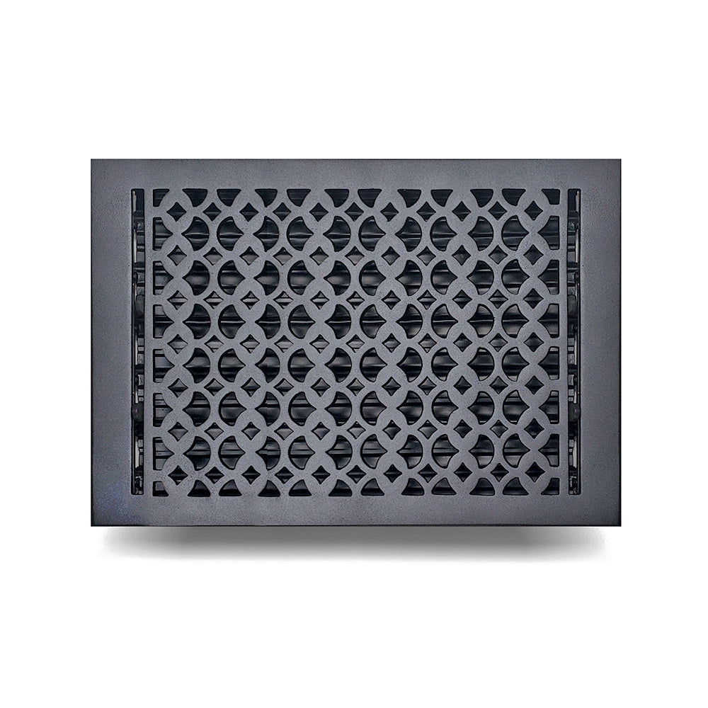 Floor Vent Cover / Register Size: 10” x 14” VR100 with Damper top faceplate outer size 11″ x 15-1/2″ thickness 5 mm, decorative handcrafted high-quality metal – cast aluminum powder coated Re-paintable for floors, walls, and ceilings