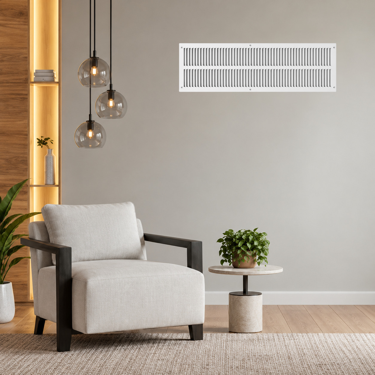 10" x 30" white steel air return grille with horizontal slats for sidewall and ceiling HVAC vent installed in a grey wall.
