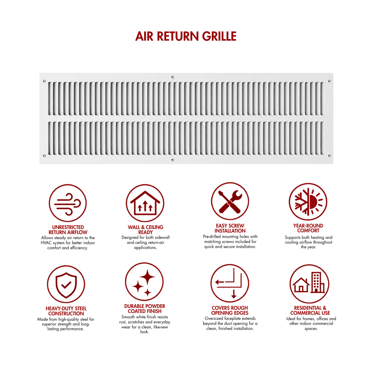 10" x 30" white steel air return grille for sidewall and ceiling HVAC vents with product benefits and feature icons.
