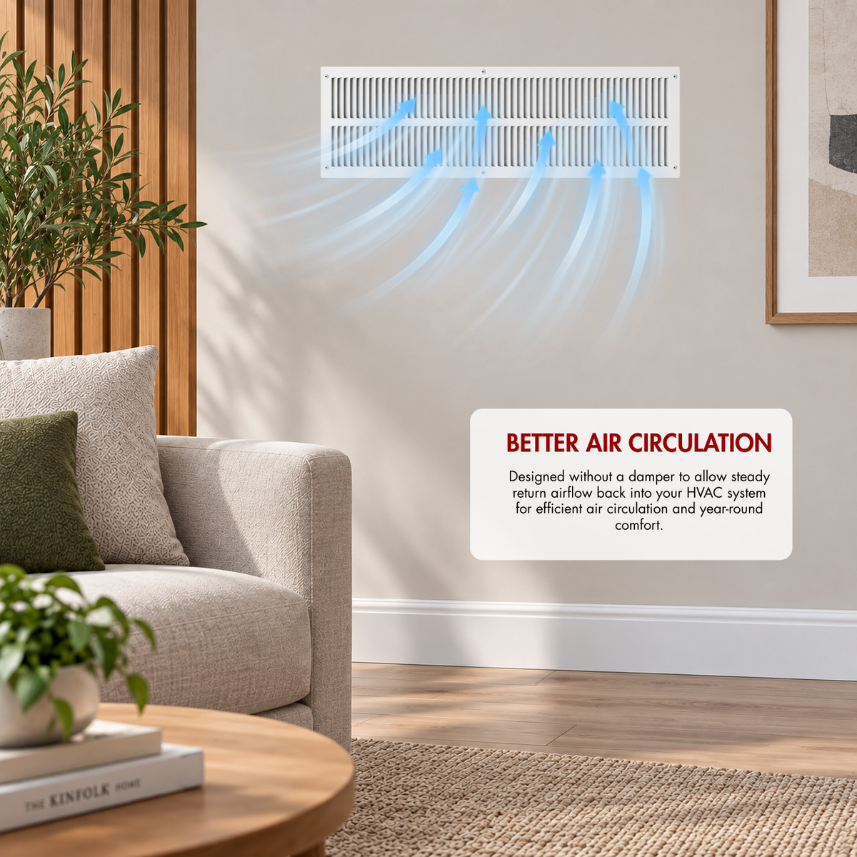 10" x 30" white steel air return grille installed on wall with airflow illustration for improved HVAC air circulation.
