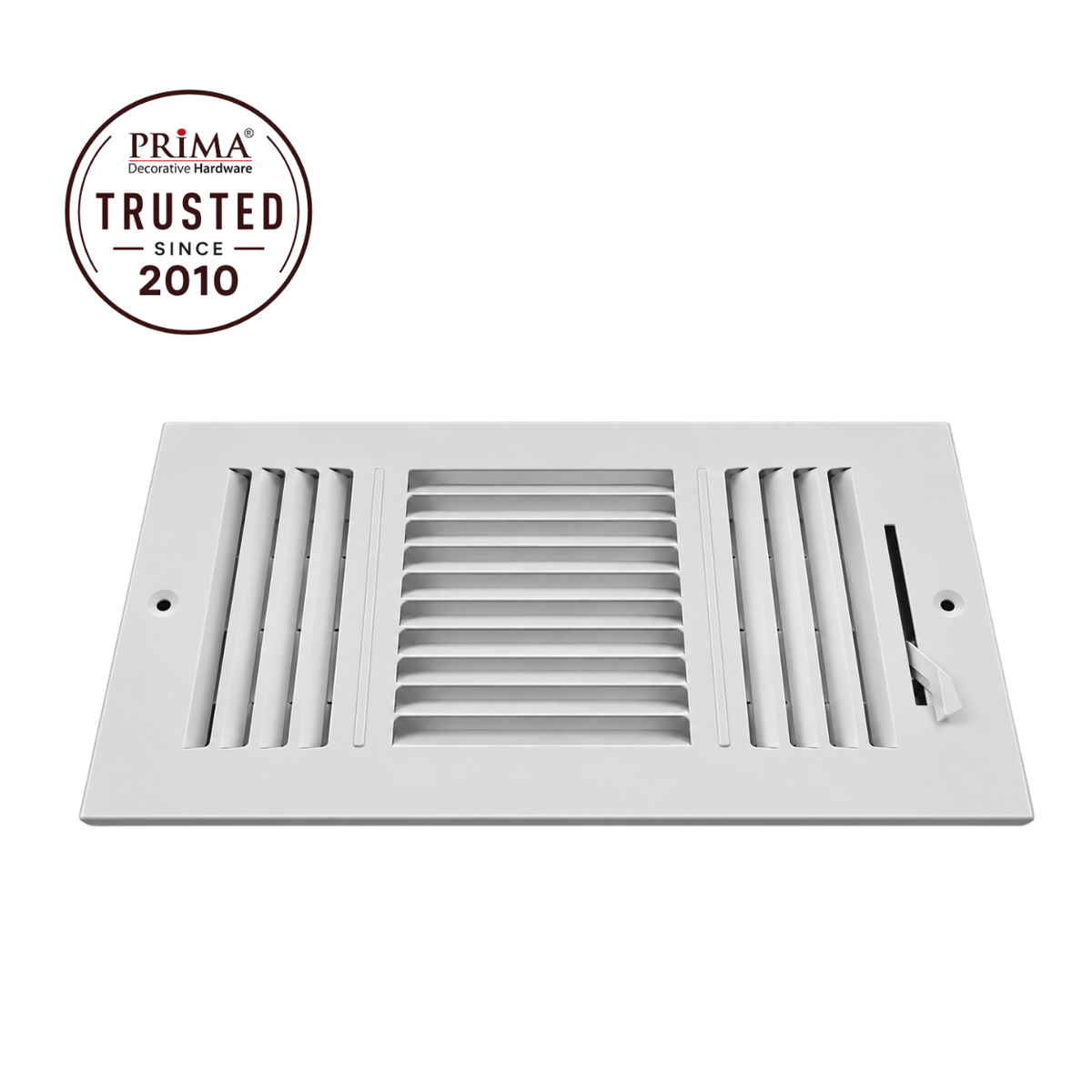 10 x 6 Three-Way Air Register Grille in white steel with adjustable damper and Prima Trusted Since 2010 badge