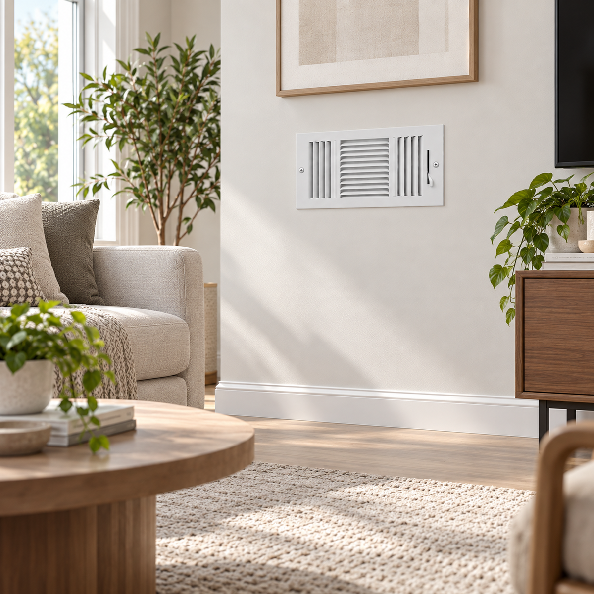 10 x 6 Three-Way Air Register Grille installed on living room wall with white steel vent cover and adjustable damper