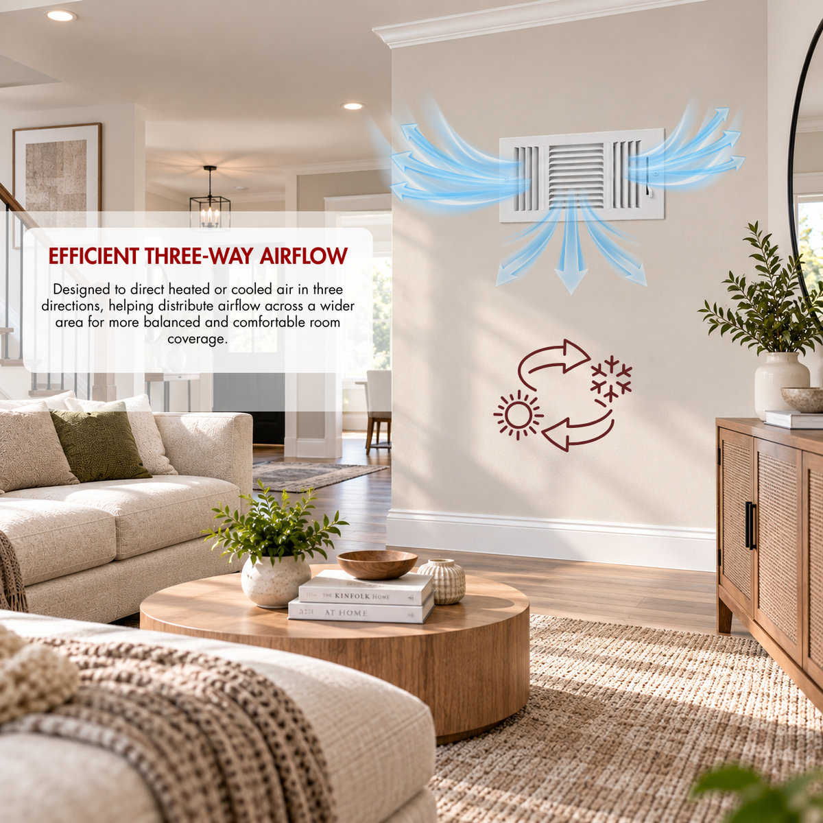 10 x 6 Three-Way Air Register Grille showing three-way airflow for heating and cooling in a living room wall installation