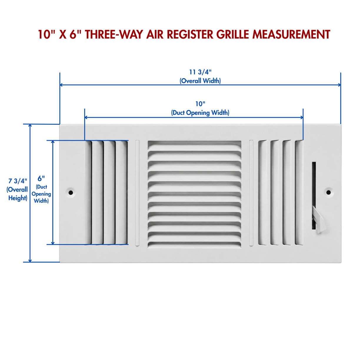 Three-Way Air Register Grille measurement guide showing duct opening and overall dimensions for white steel HVAC vent cover