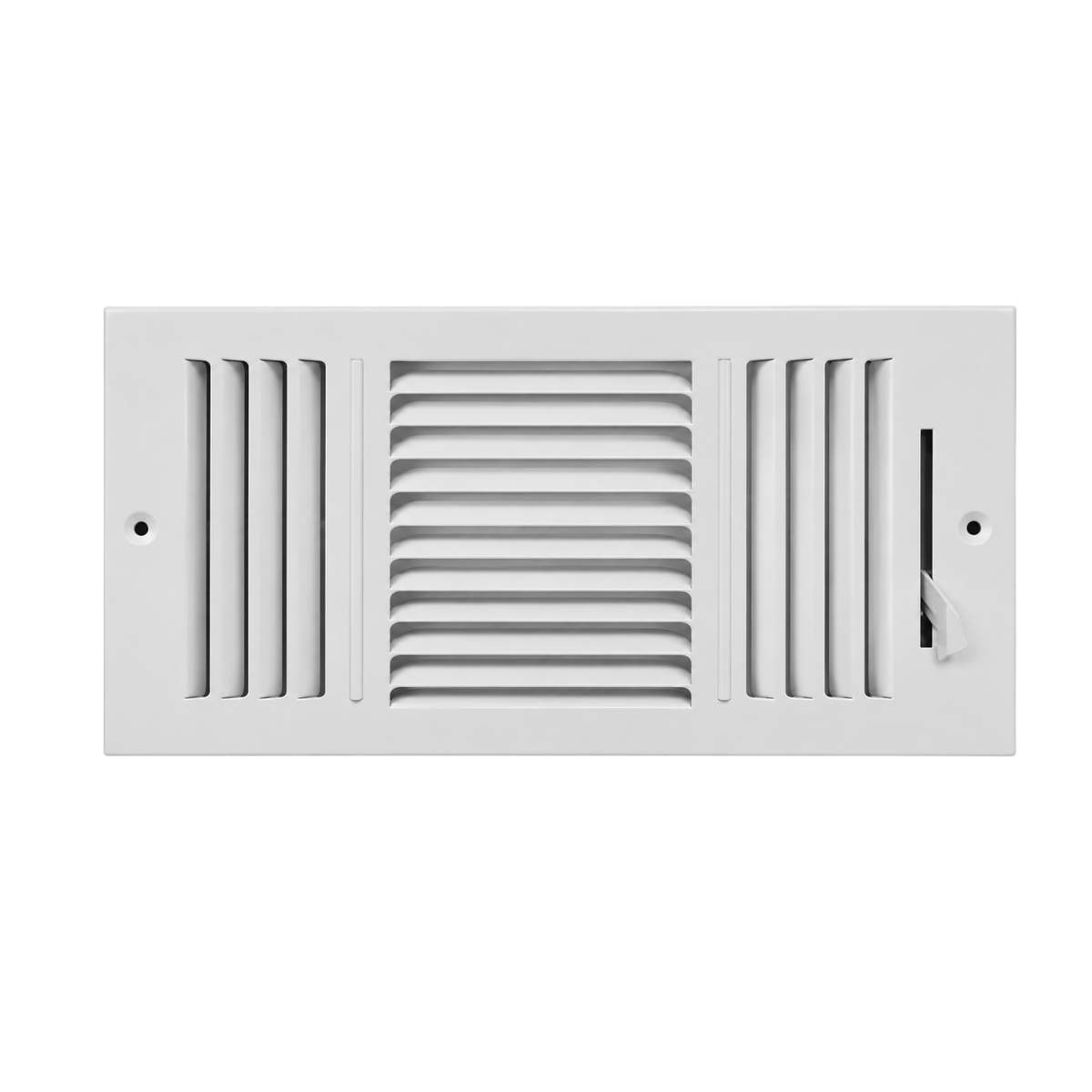 10 x 6 Three-Way Air Register Grille in white steel with adjustable damper for sidewall and ceiling HVAC installation