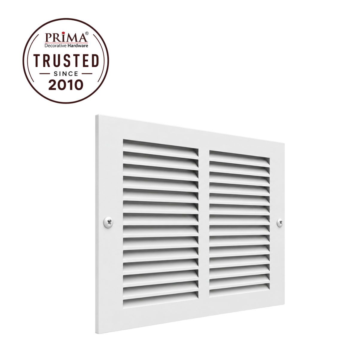 10" x 8" white steel air return grille with horizontal slats for sidewall and ceiling HVAC vent with trust badge.
