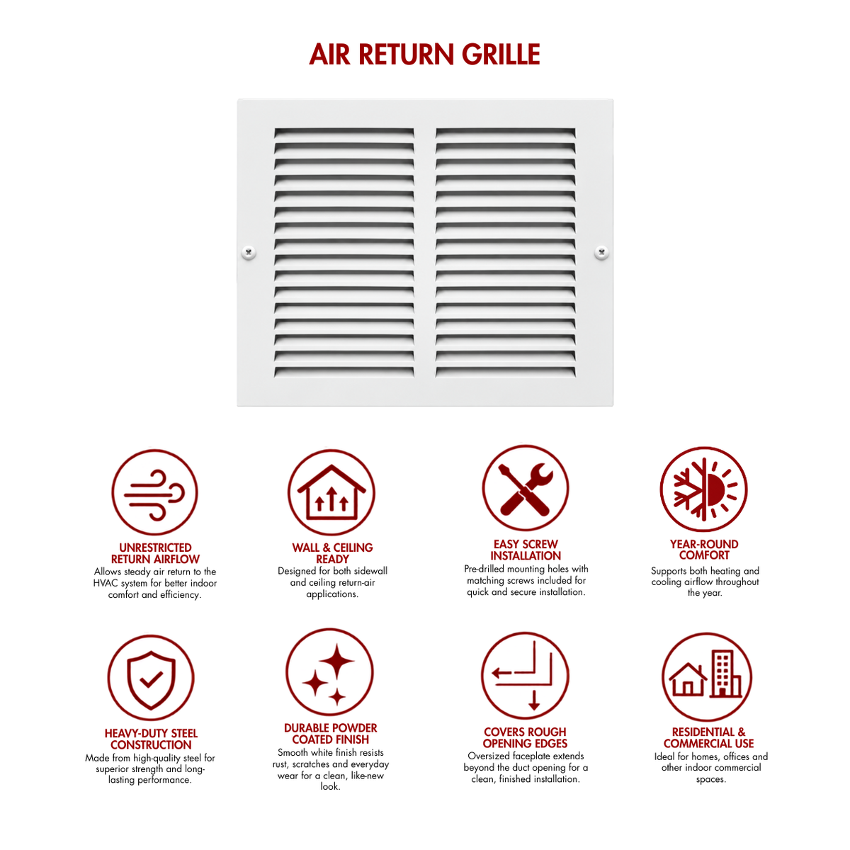 10" x 8" white steel air return grille for sidewall and ceiling HVAC vents with product benefits and feature icons.
