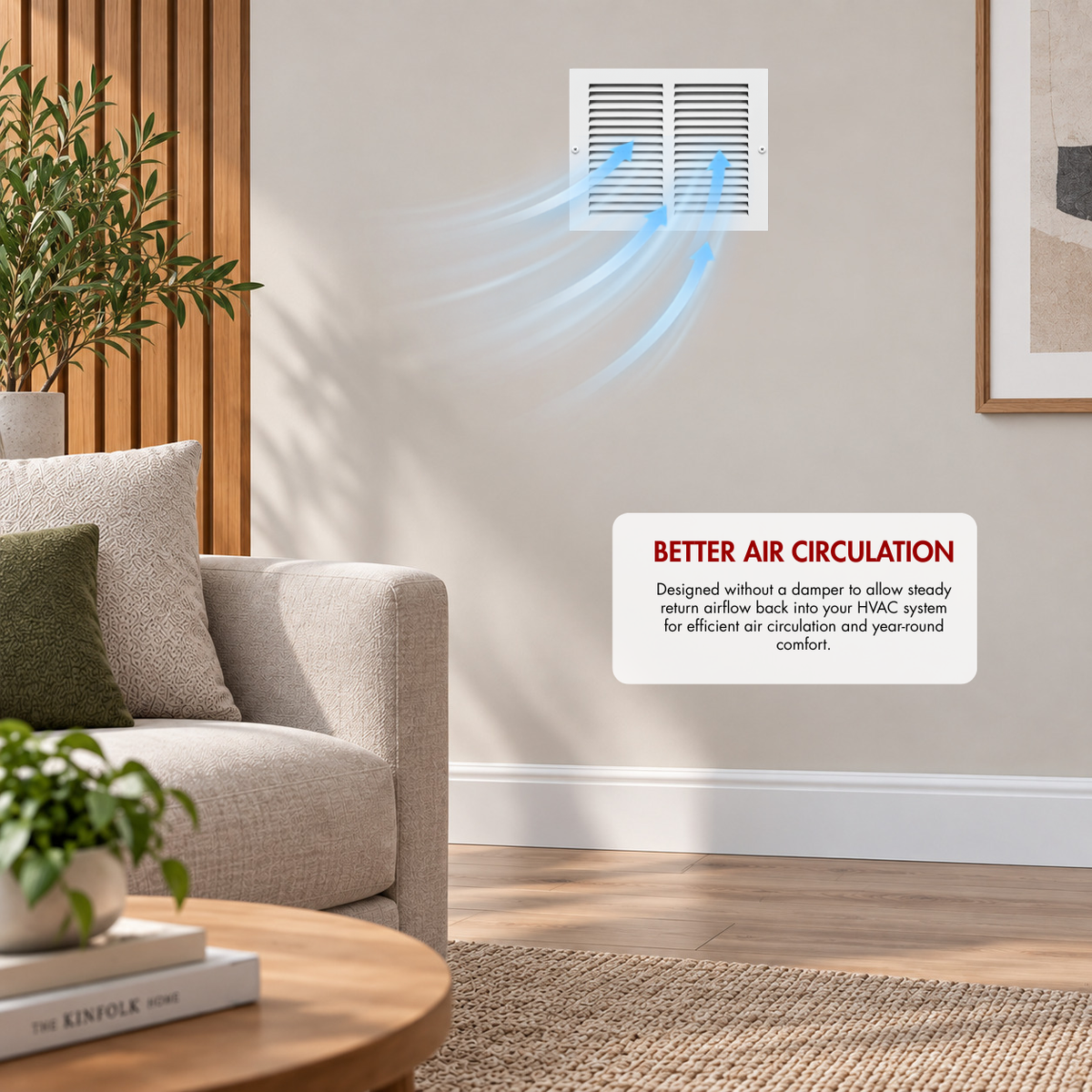 10" x 8" white steel air return grille installed on wall with airflow illustration for improved HVAC air circulation.
