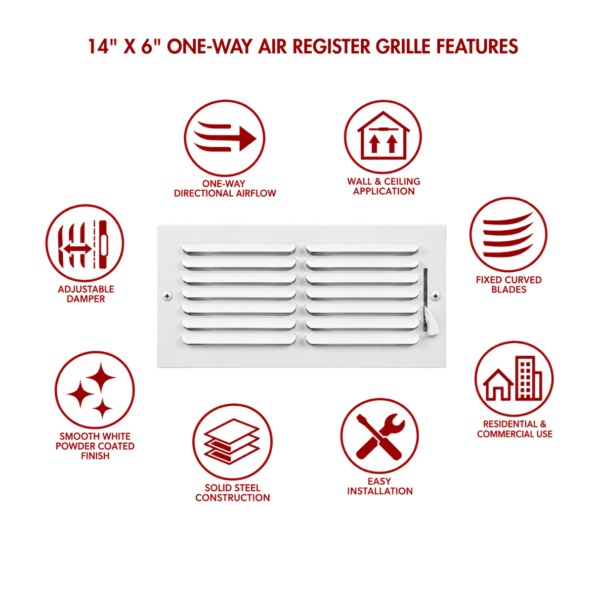 14x6 one-way air register grille feature icons for adjustable damper, curved blades and wall installation
