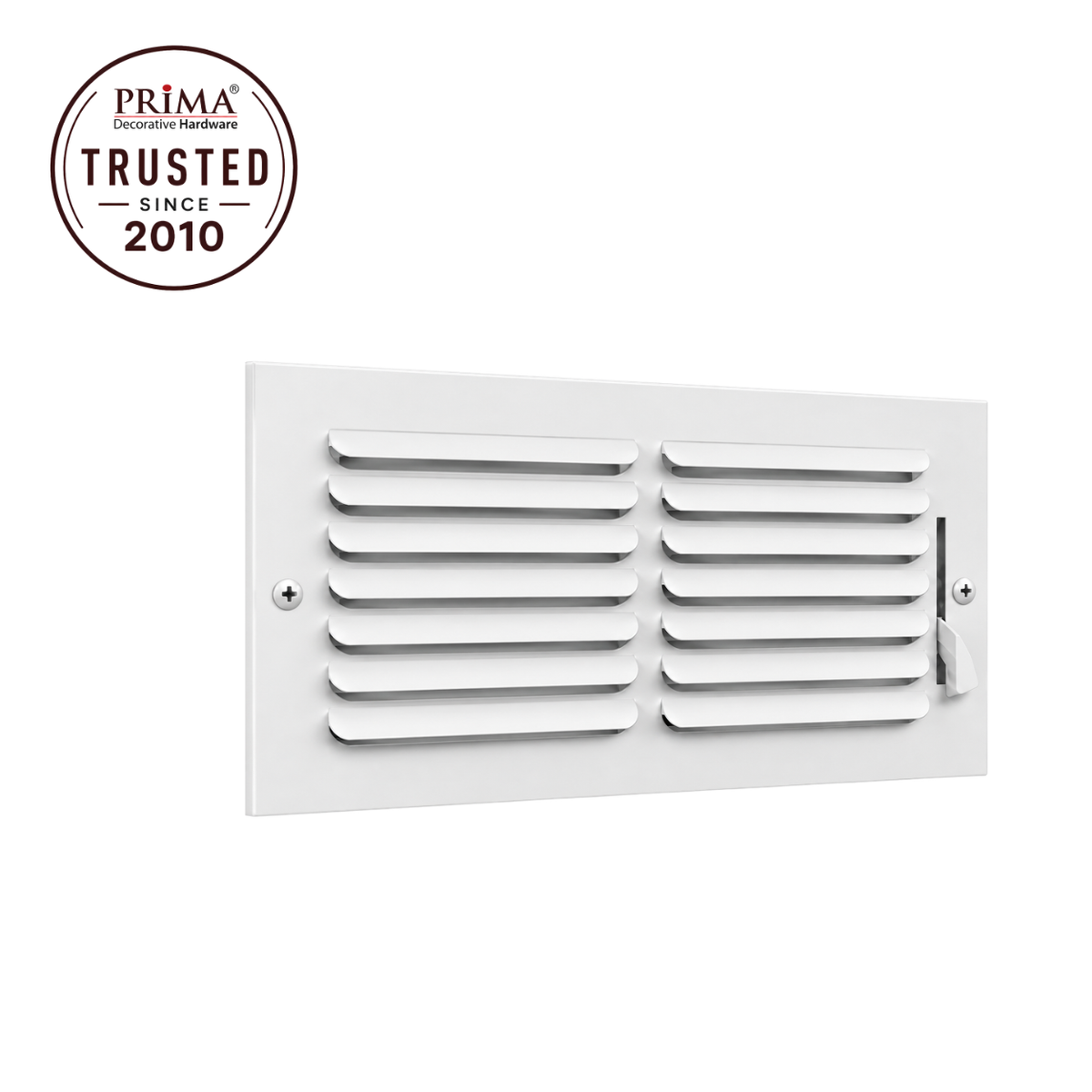 Angled view of 14x6 white steel one-way air register grille with adjustable damper and Trusted Since 2010 badge
